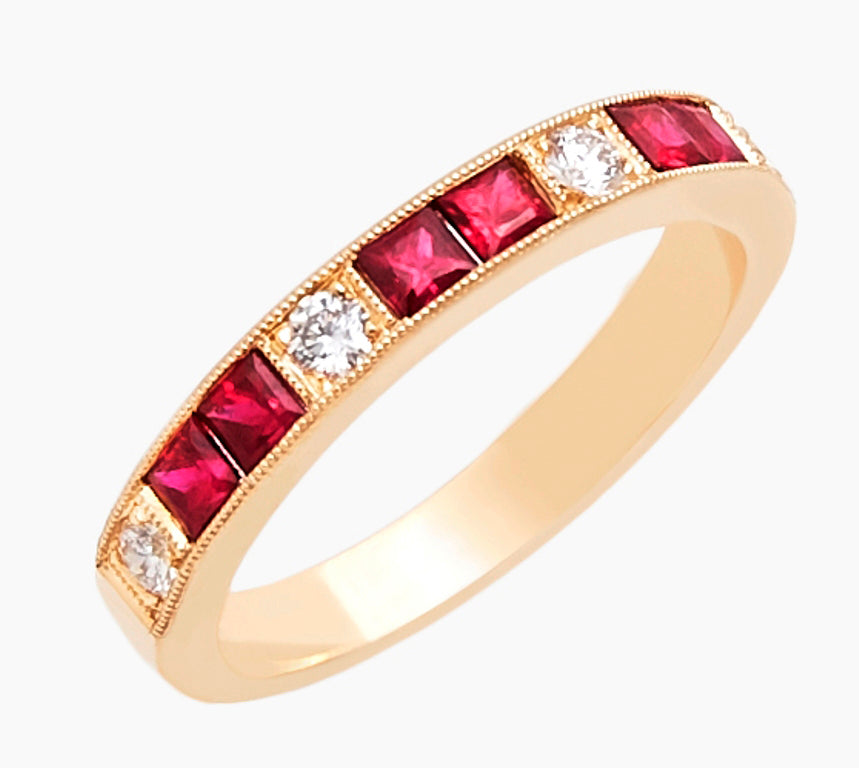 18ct yellow gold carre cut ruby and brilliant cut diamond eternity ring
