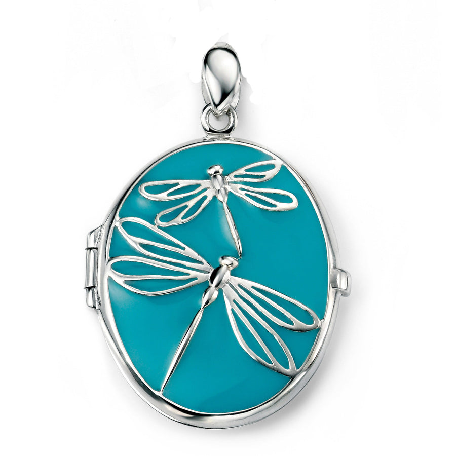 sterling silver locket with turquoise enamel dragonfly detail