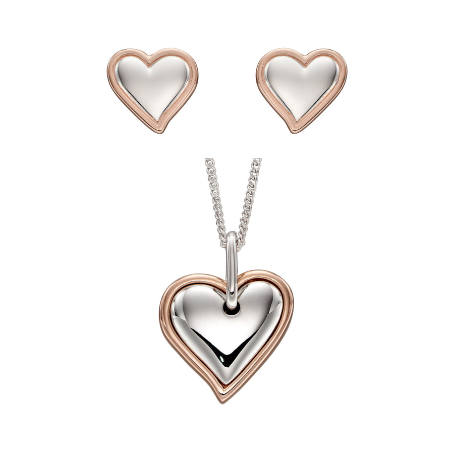 Catherine Jones Heart Pendant and Stud Set Sterling Silver Rose Gold Plated